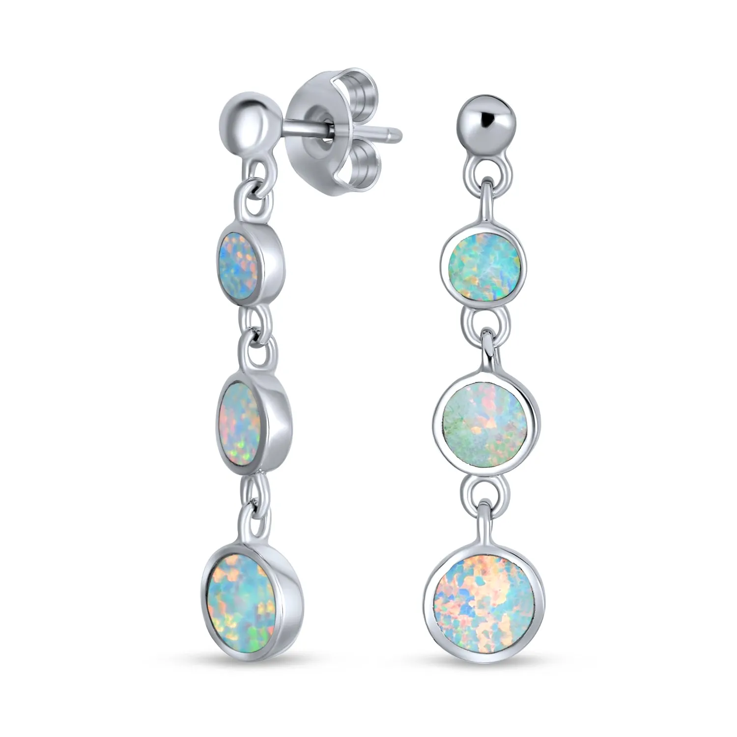 Geometric 3 Round Opal Long Dangle Earrings Gold Plated .925 Silver