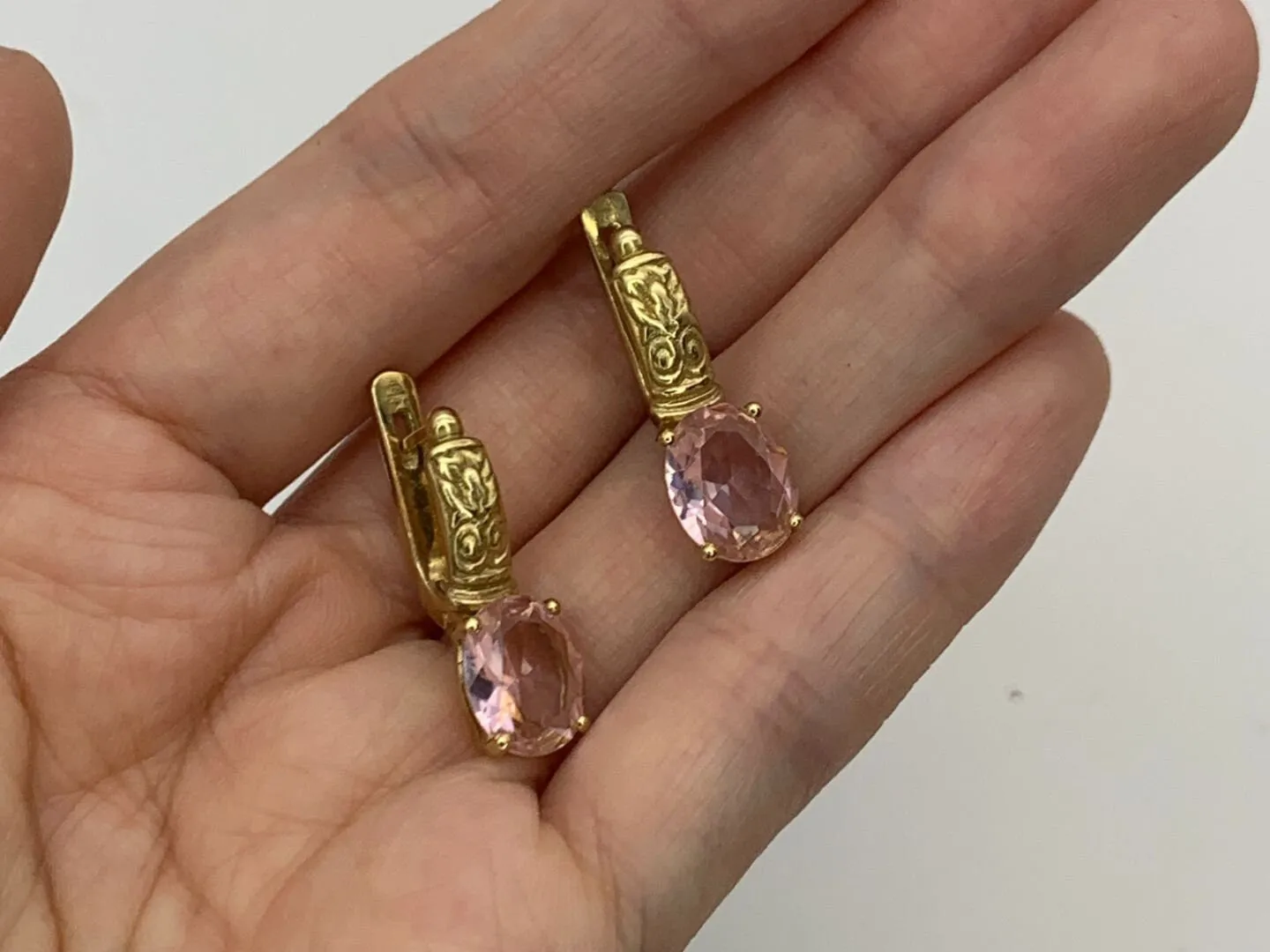 Gold Morganite Studs - Tribal Earrings, Pink Vintage Earrings, Oval Morganite Studs