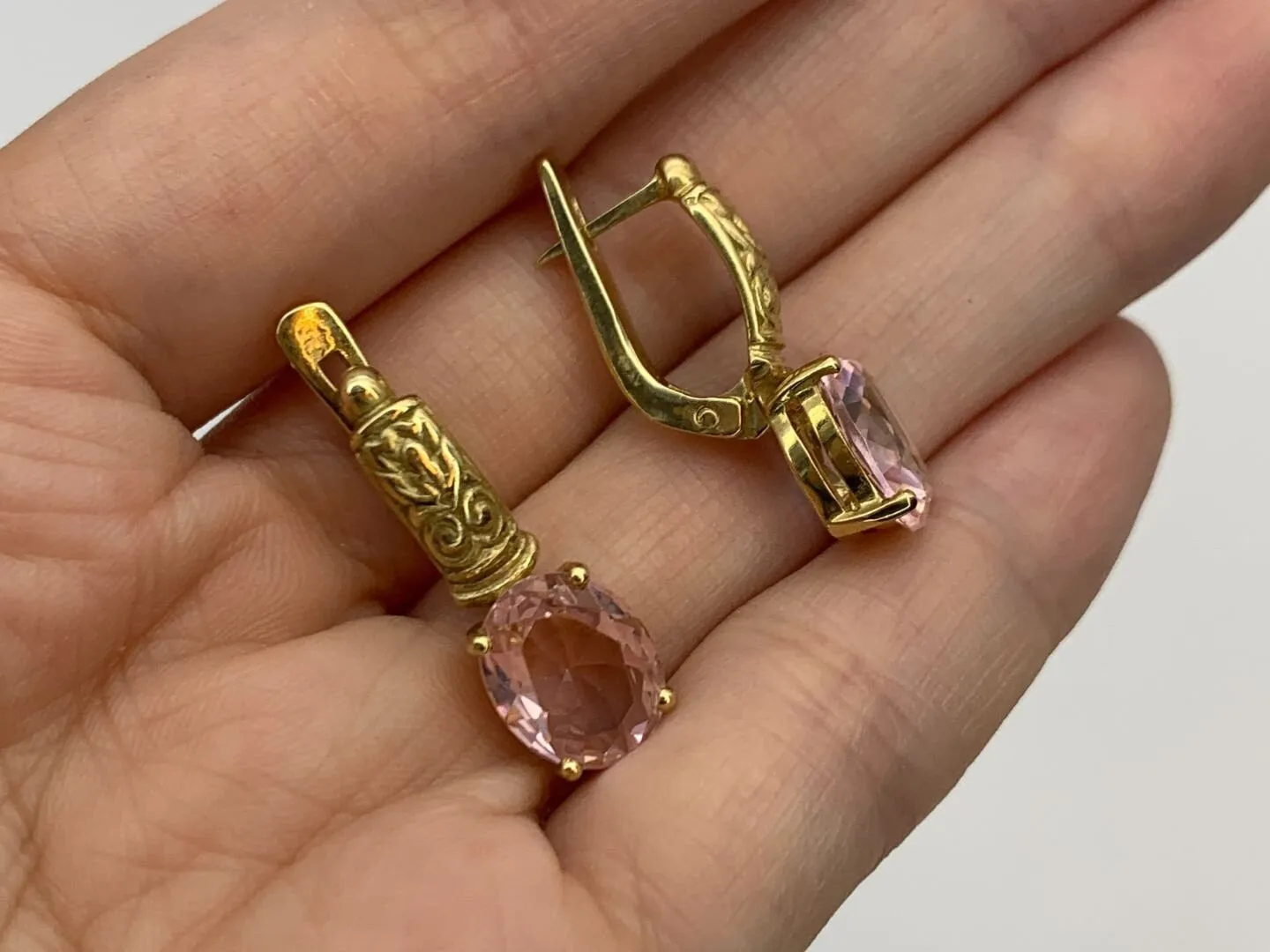 Gold Morganite Studs - Tribal Earrings, Pink Vintage Earrings, Oval Morganite Studs