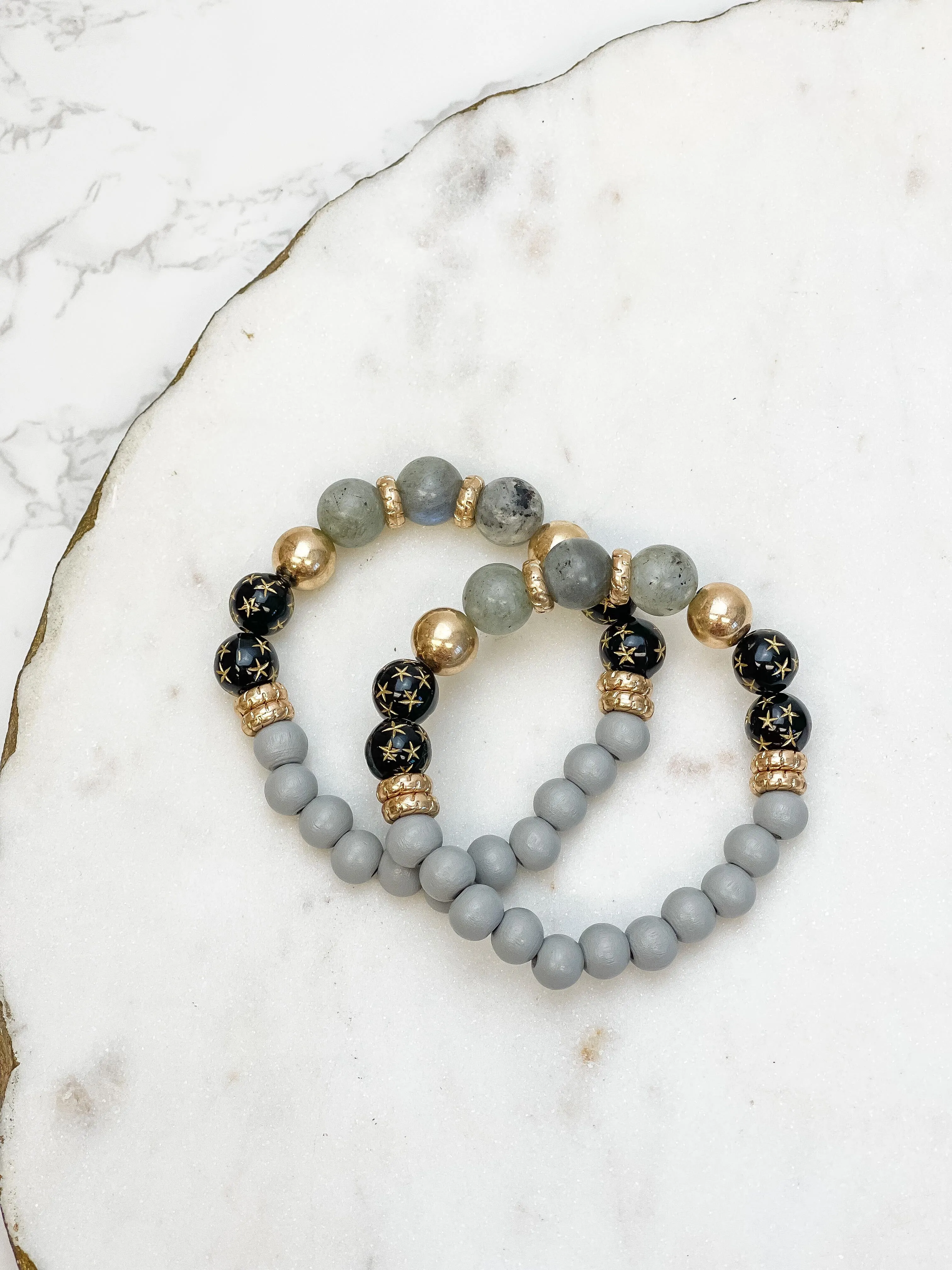 Gold Star Semi Precious Beaded Stretch Bracelet Set