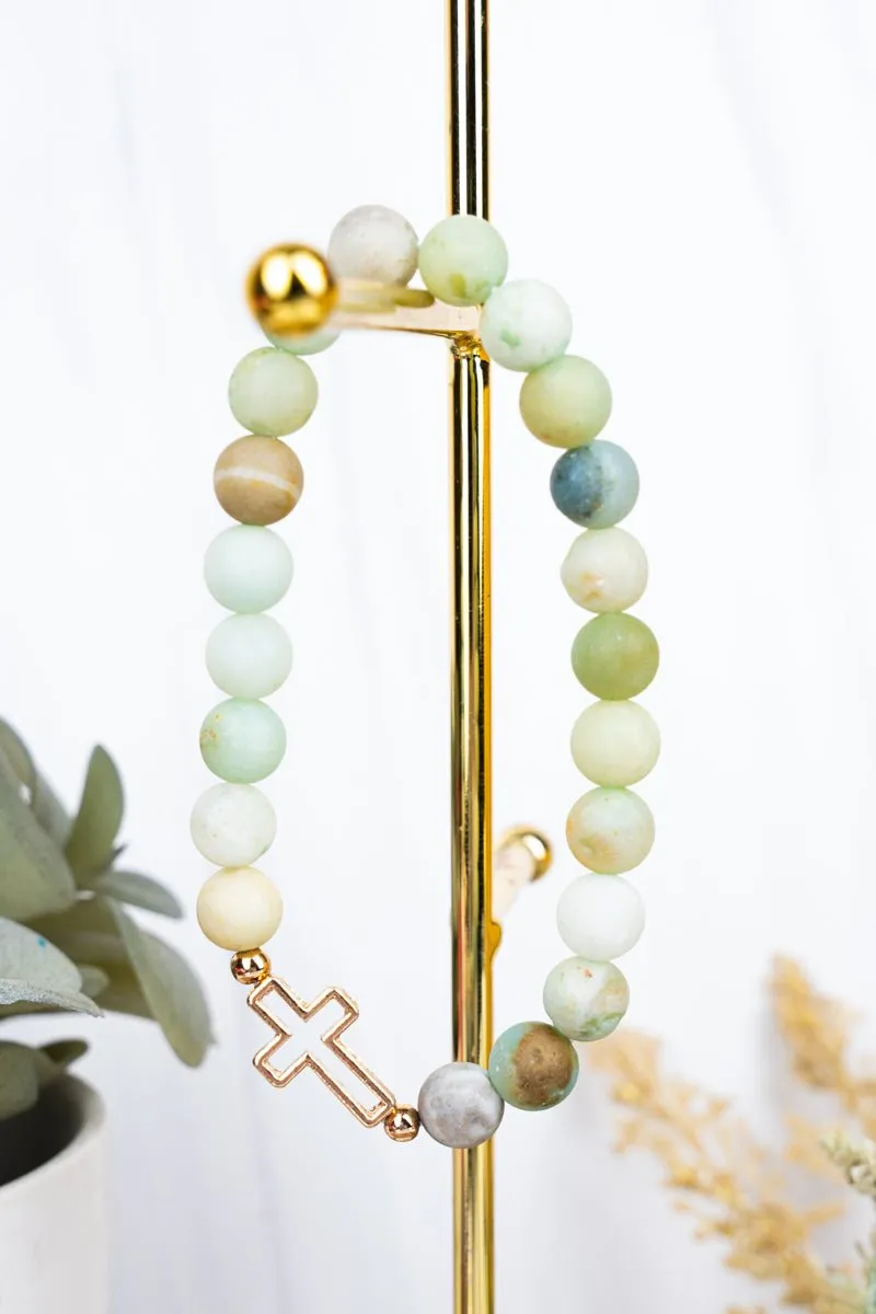 Goldtone Cross Amazonite Stretch Bracelet