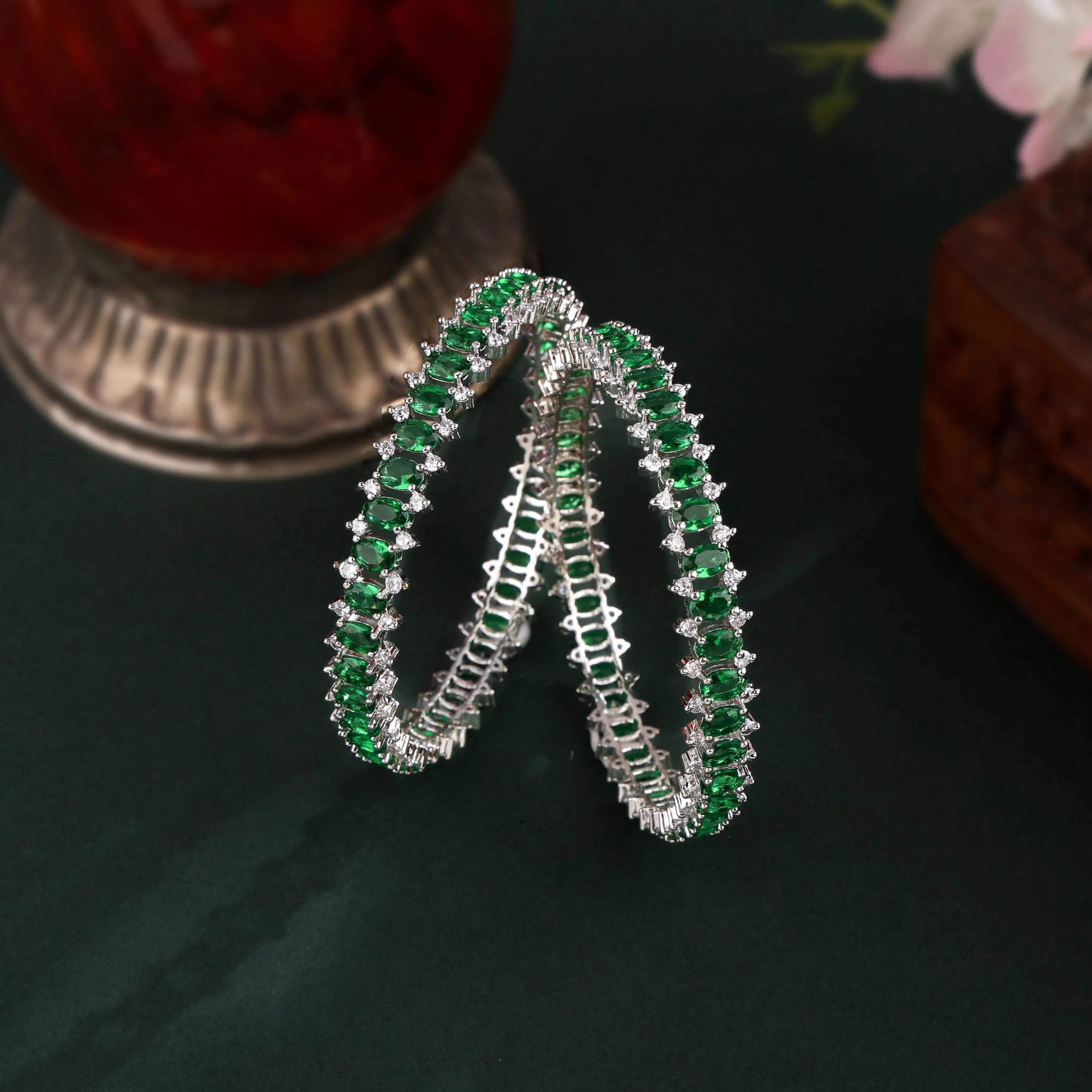 Green Stones Cubic Zirconia Bangles Set 2pcs