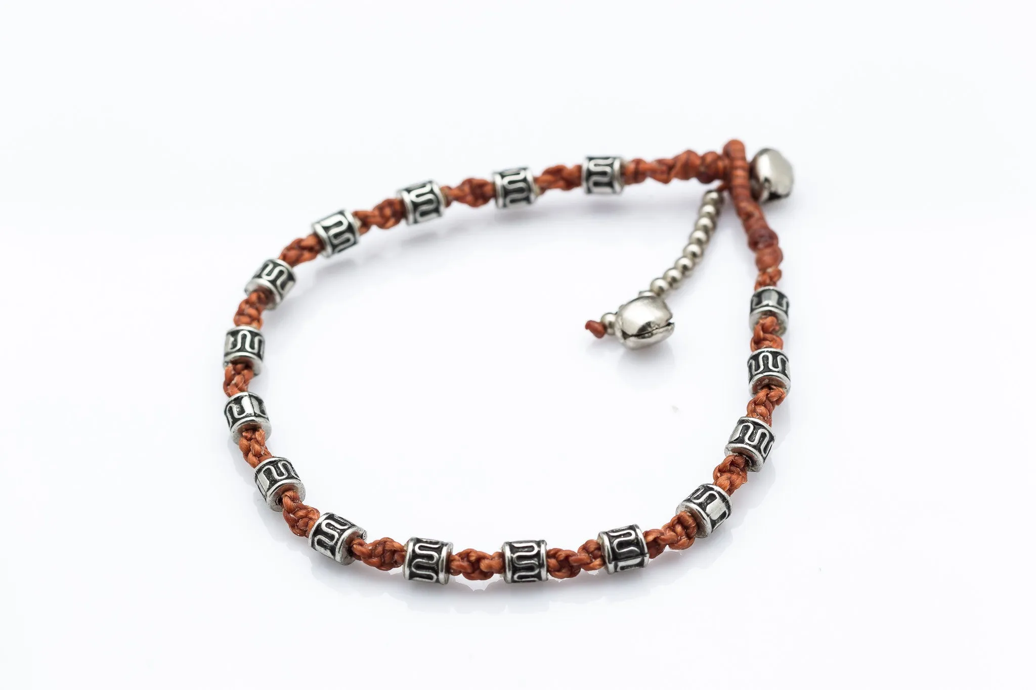 Hand Made Fair Trade Anklet Waxed Cotton Silver Beads Brown