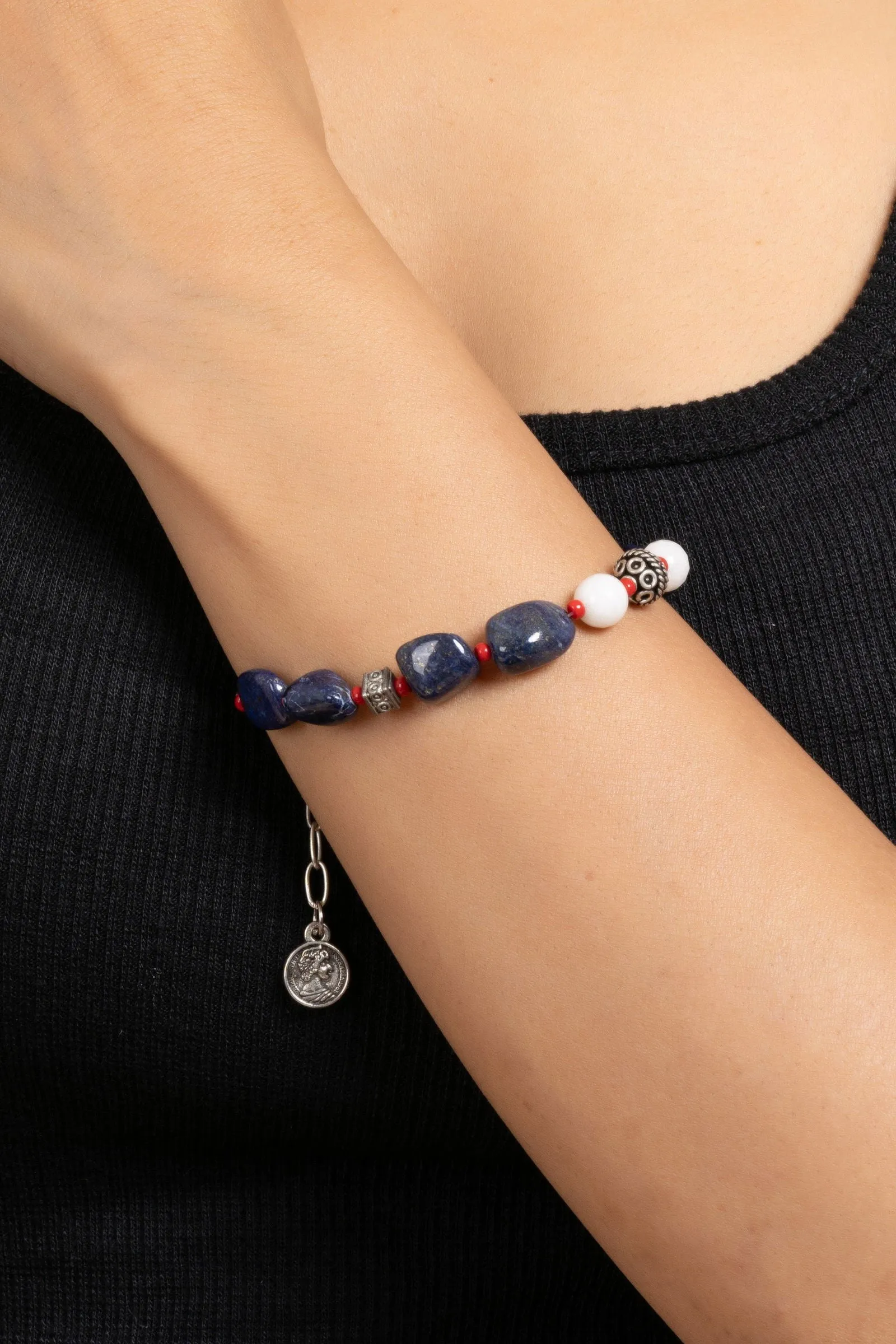 Handmade Blue Lapis Lazuli and White Semi Precious Stones Jade Adjustable Bracelet