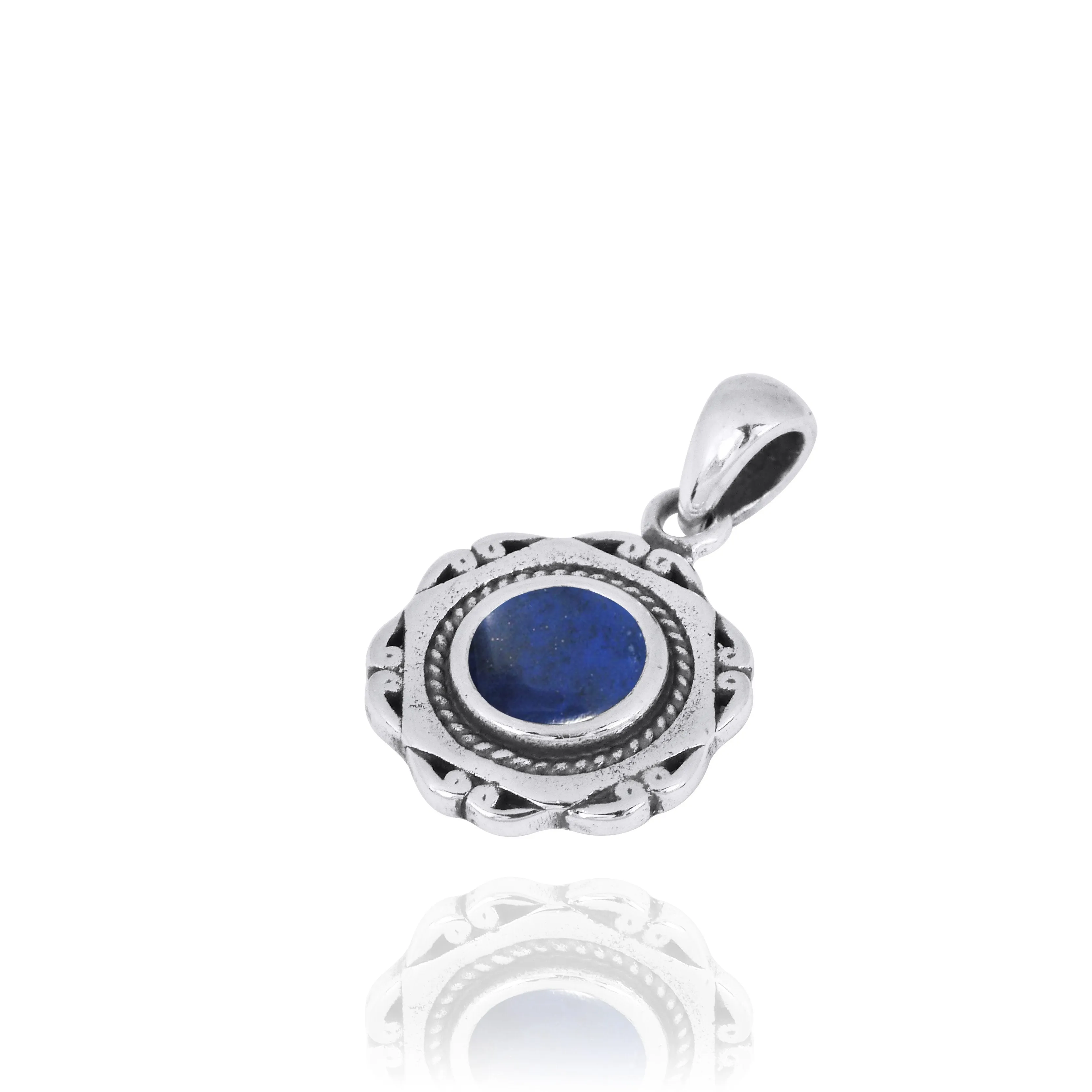 Hexagonal Shaped Oxidized Silver Pendant with Round Lapis