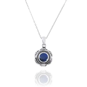 Hexagonal Shaped Oxidized Silver Pendant with Round Lapis