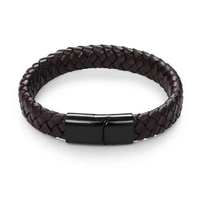 Jewelry Black/Brown Braided Leather Bracelet Stainless Steel