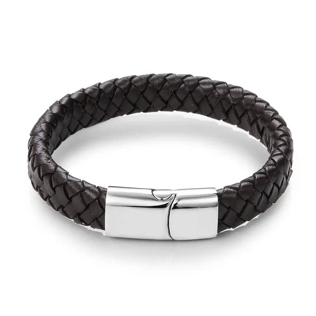 Jewelry Black/Brown Braided Leather Bracelet Stainless Steel