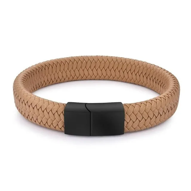 Jewelry Black/Brown Braided Leather Bracelet Stainless Steel