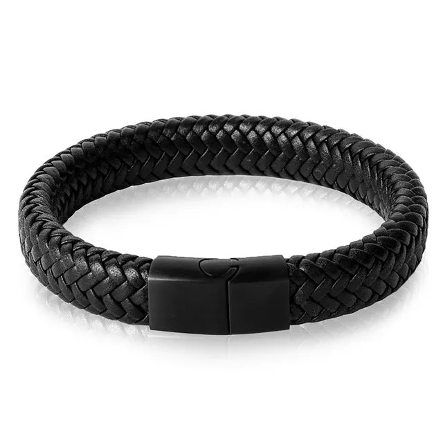 Jewelry Black/Brown Braided Leather Bracelet Stainless Steel