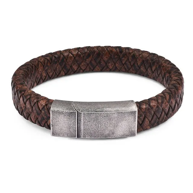 Jewelry Black/Brown Braided Leather Bracelet Stainless Steel