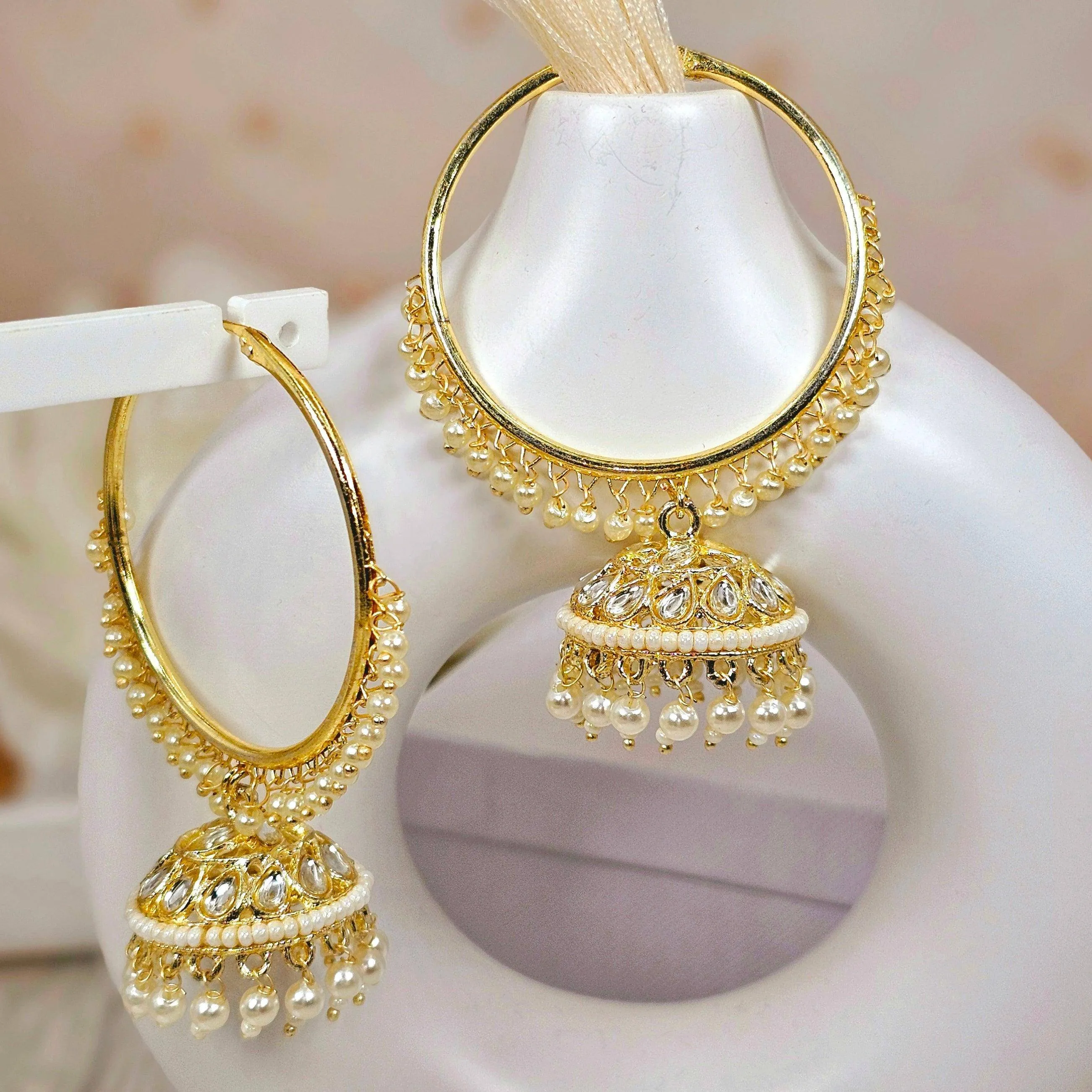 Jia - Stunning White Kundan Gold Plated Hoop Jhumka Earrings