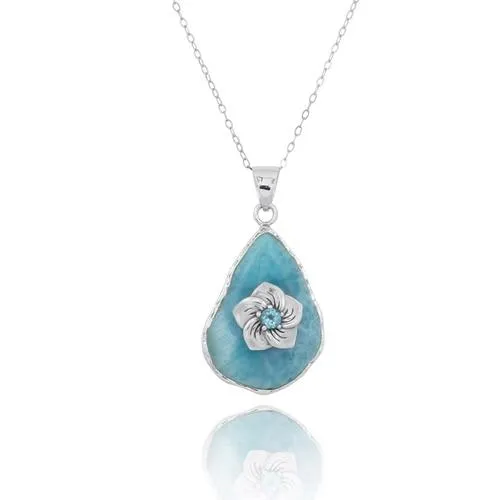 Larimar Pendant Necklace with Sterling Silver Hibiscus Flower and Swiss Blue Topaz