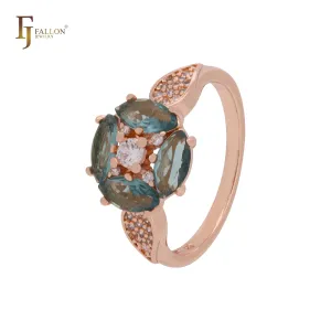 Luxurious cluster deep Apple Green CZs Rose Gold Fashion Rings