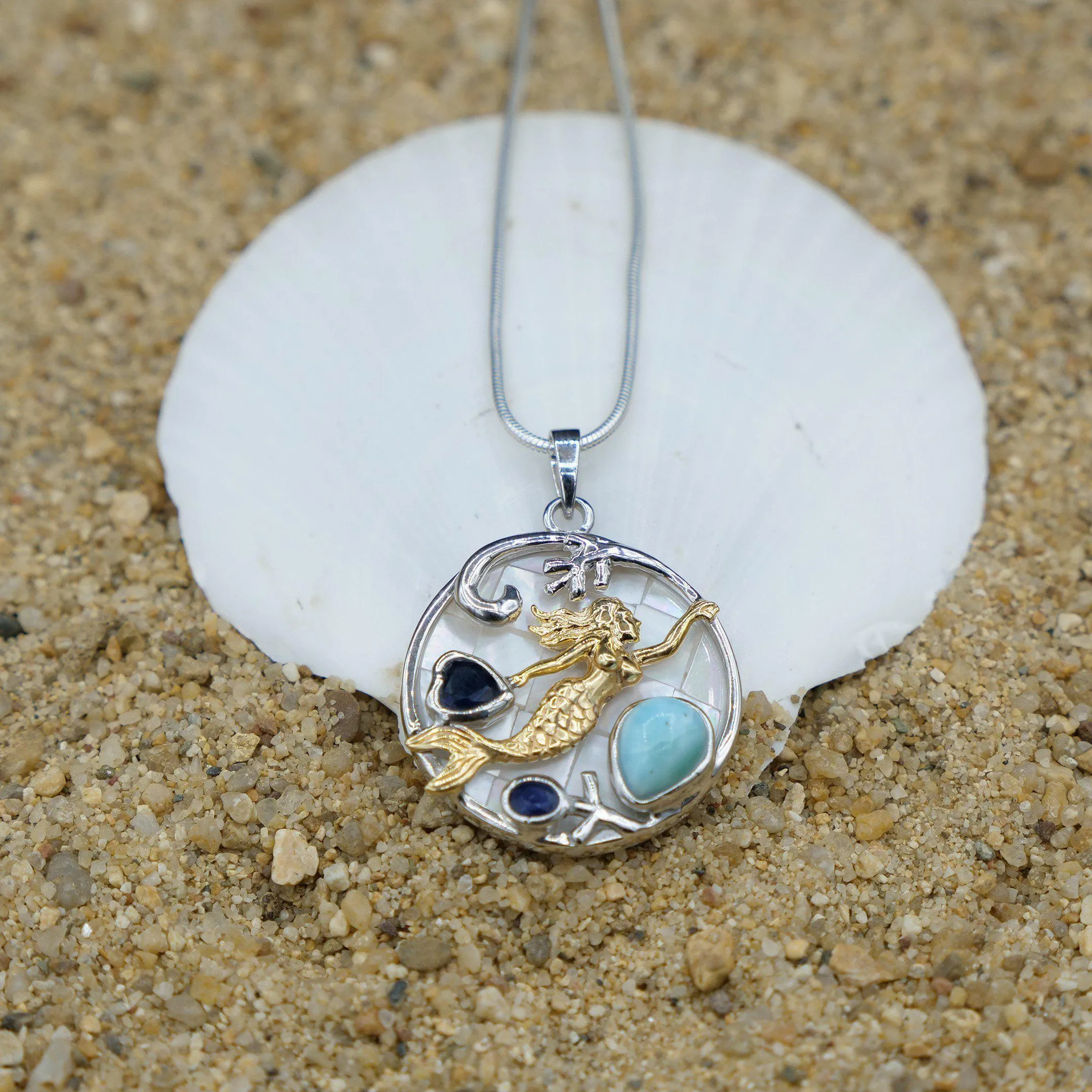 Mermaid Necklace with Larimar, Lapis Lazuli and Mother of Pearl