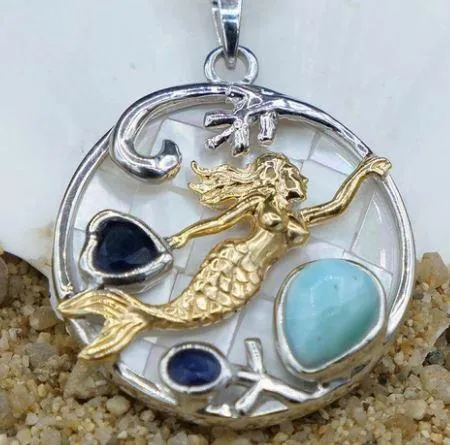 Mermaid Necklace with Larimar, Lapis Lazuli and Mother of Pearl