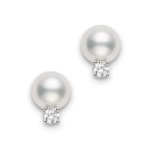 Mikimoto 18K White Gold 6-6.5mm Pearl & Diamond Stud Earrings