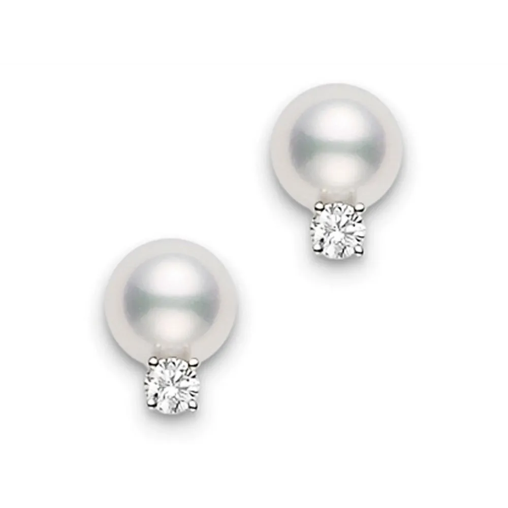 Mikimoto 18K White Gold 6-6.5mm Pearl & Diamond Stud Earrings