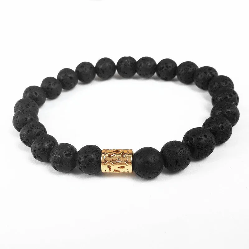 New Design High Grade Men Jewelry 8mm Black Lava stone and Blue Sea Sediment Stone Bead with 24K Gold Skull Bracelet