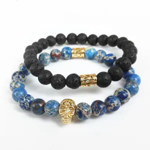 New Design High Grade Men Jewelry 8mm Black Lava stone and Blue Sea Sediment Stone Bead with 24K Gold Skull Bracelet