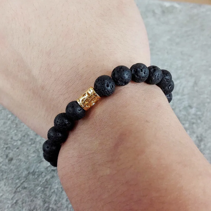 New Design High Grade Men Jewelry 8mm Black Lava stone and Blue Sea Sediment Stone Bead with 24K Gold Skull Bracelet