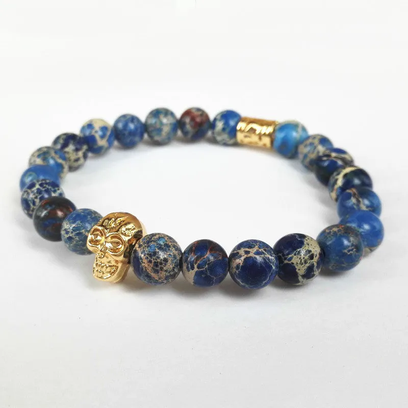 New Design High Grade Men Jewelry 8mm Black Lava stone and Blue Sea Sediment Stone Bead with 24K Gold Skull Bracelet