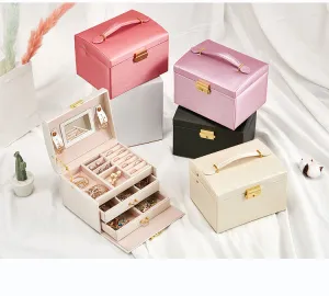 Pink Jewelry Storage Box with Handle - Luxurious Portable Organizer for Accessories