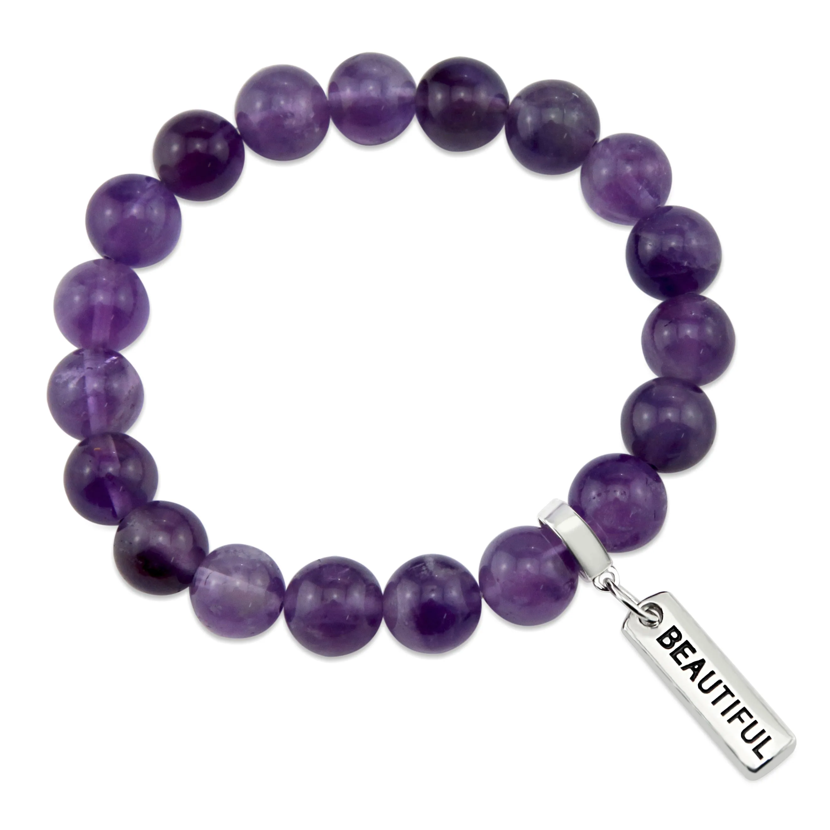 Precious Stone Bracelet - Deep Amethyst 10mm Beads - with Silver Word Charms