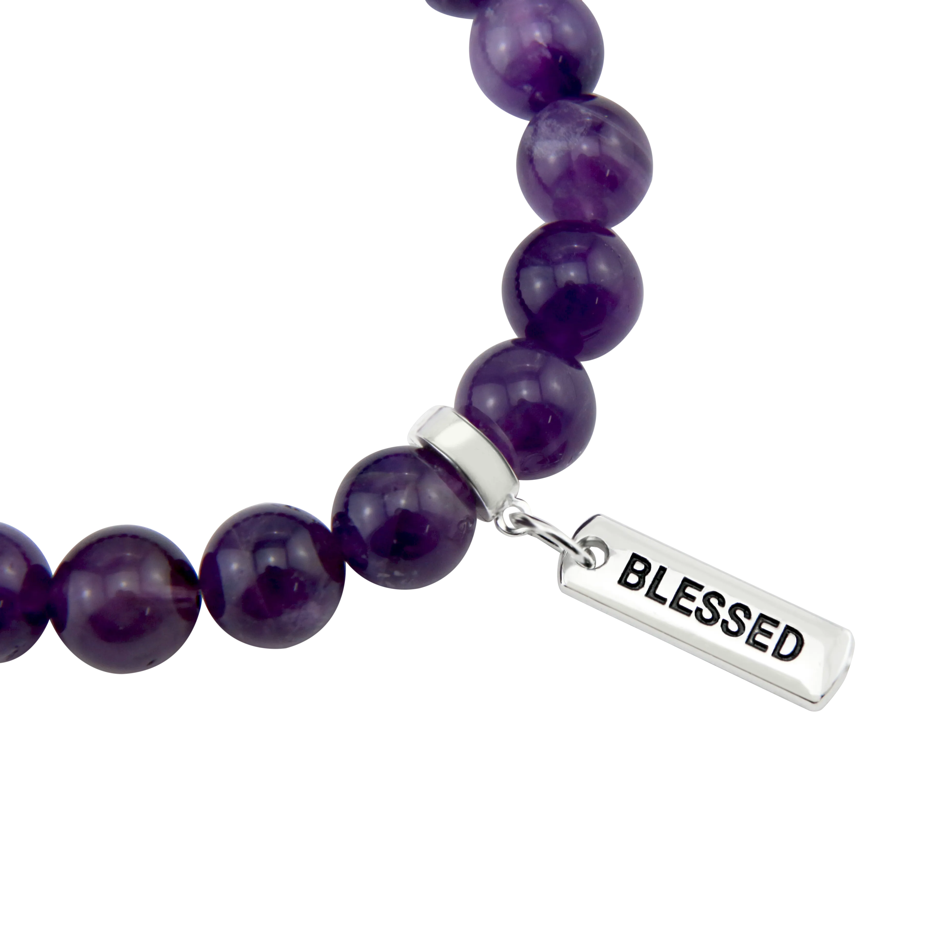 Precious Stone Bracelet - Deep Amethyst 10mm Beads - with Silver Word Charms