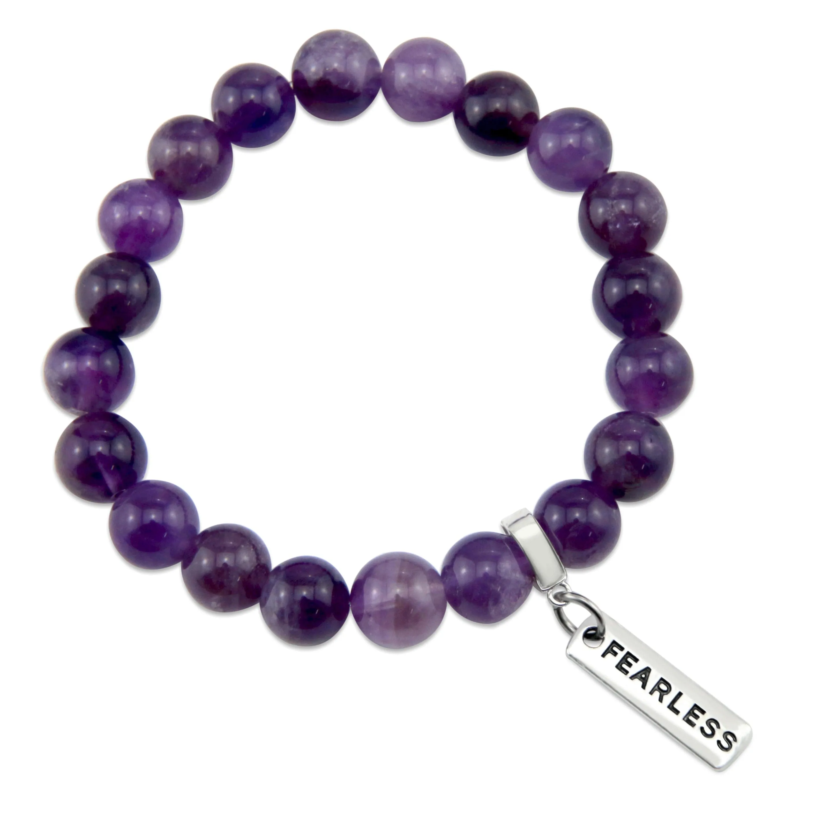 Precious Stone Bracelet - Deep Amethyst 10mm Beads - with Silver Word Charms