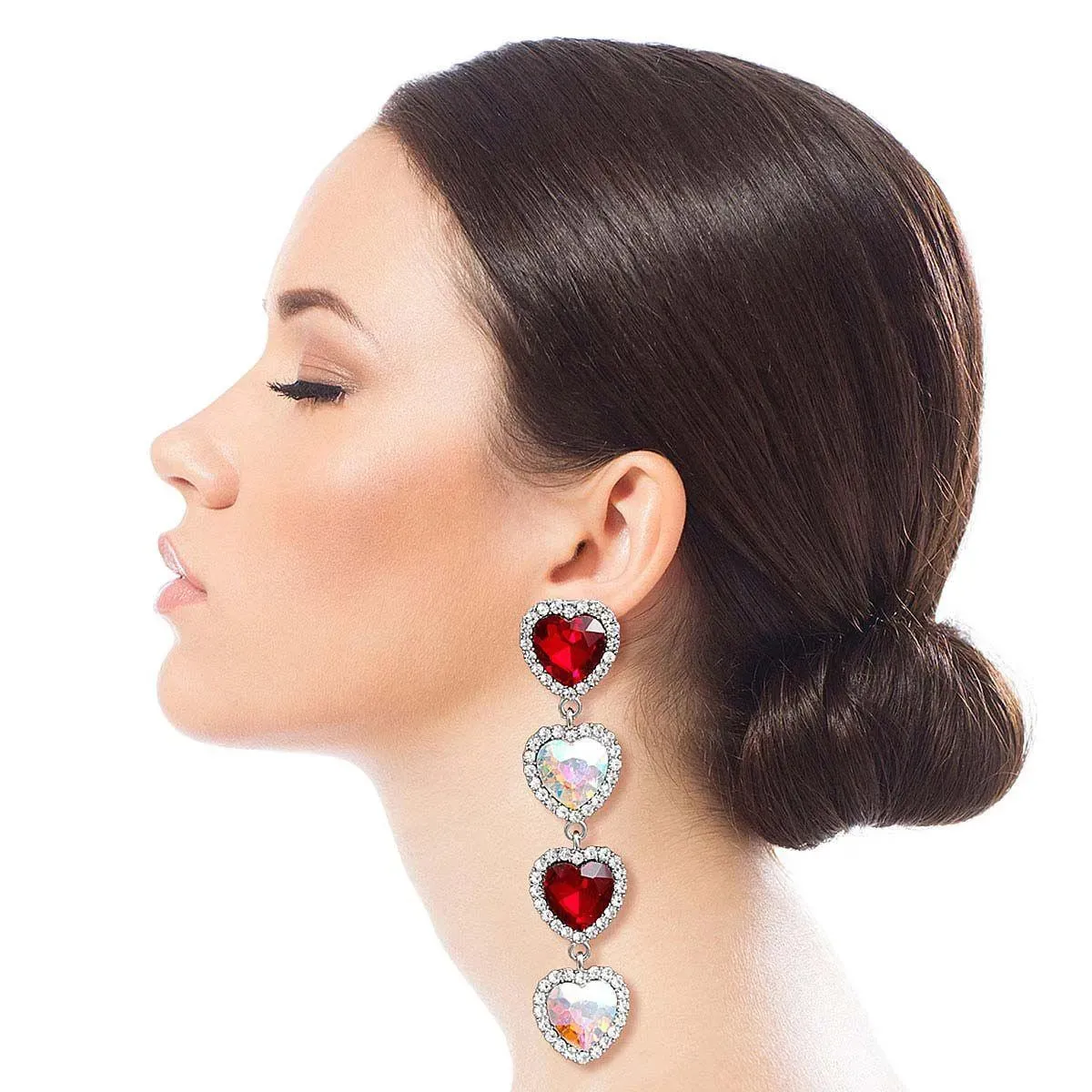 Red and Aurora Borealis Sweetheart Linear Statement Drop Earrings