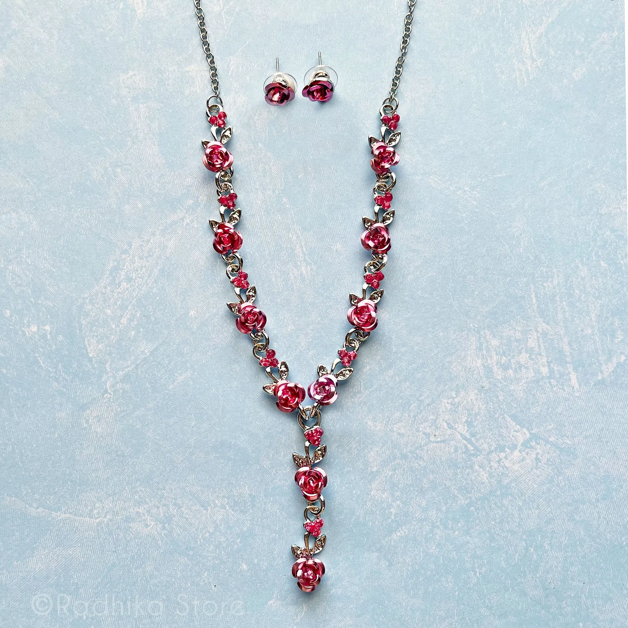 Rose With Silver Vine- 8 Inch - Pink-Red or Teal- Deity Necklaces and Earring Set