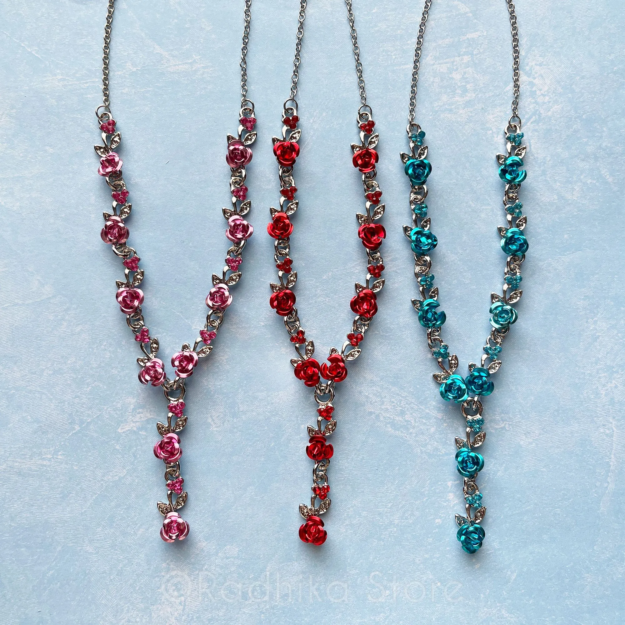 Rose With Silver Vine- 8 Inch - Pink-Red or Teal- Deity Necklaces and Earring Set