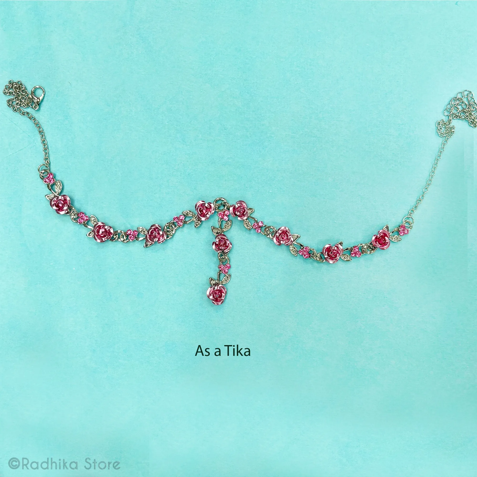 Rose With Silver Vine- 8 Inch - Pink-Red or Teal- Deity Necklaces and Earring Set