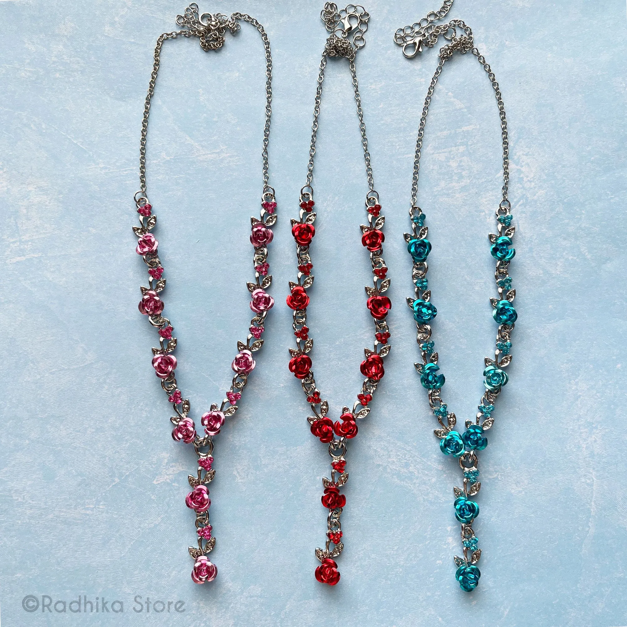 Rose With Silver Vine- 8 Inch - Pink-Red or Teal- Deity Necklaces and Earring Set