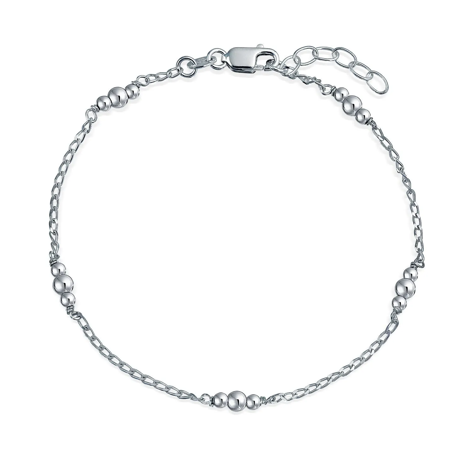 Round Ball Bead Station Anklet Ankle Bracelet Sterling Silver 9-10 Inch