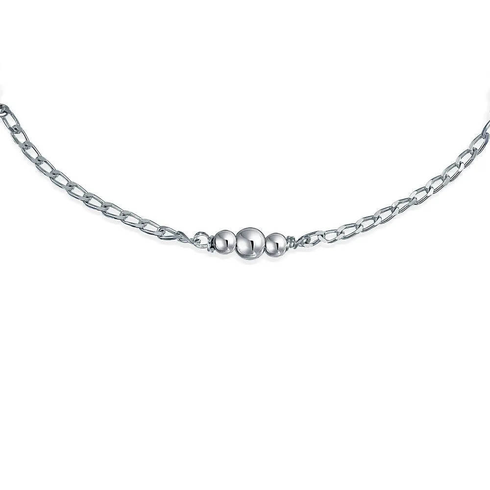 Round Ball Bead Station Anklet Ankle Bracelet Sterling Silver 9-10 Inch