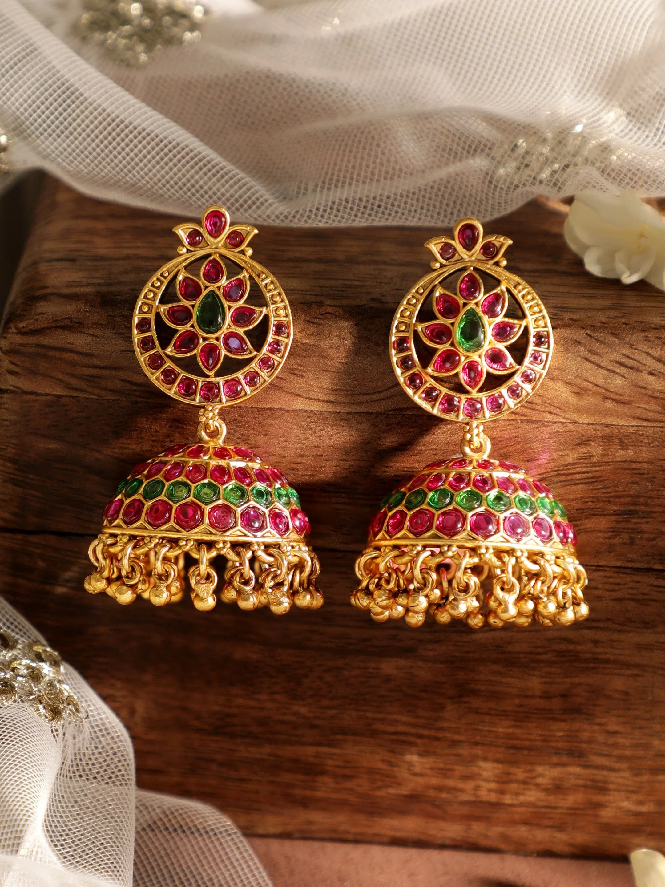 Rubans 22k Gold-Plated Dome Shape Jhumka Earrings with Red and Green Stone