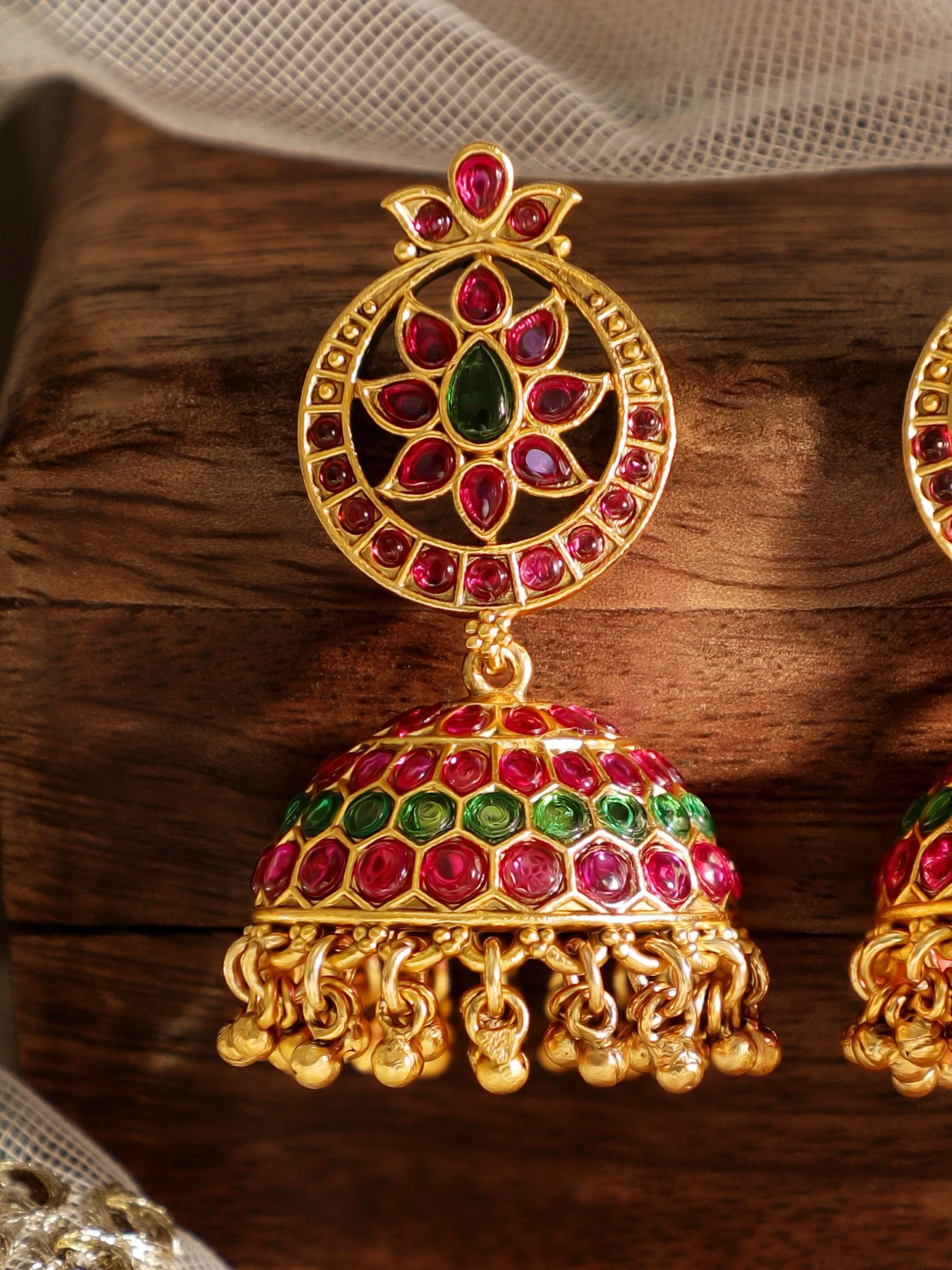 Rubans 22k Gold-Plated Dome Shape Jhumka Earrings with Red and Green Stone