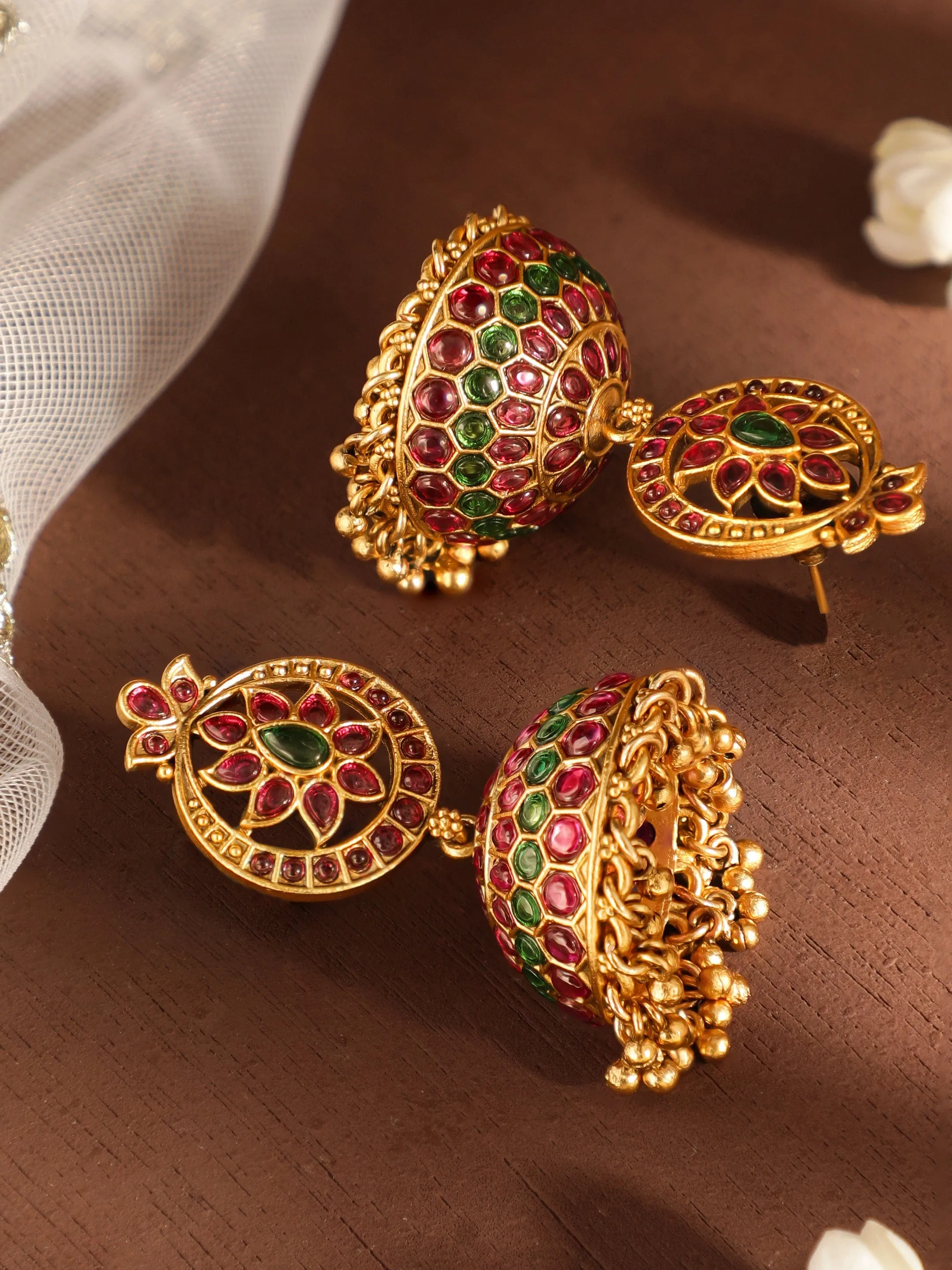 Rubans 22k Gold-Plated Dome Shape Jhumka Earrings with Red and Green Stone