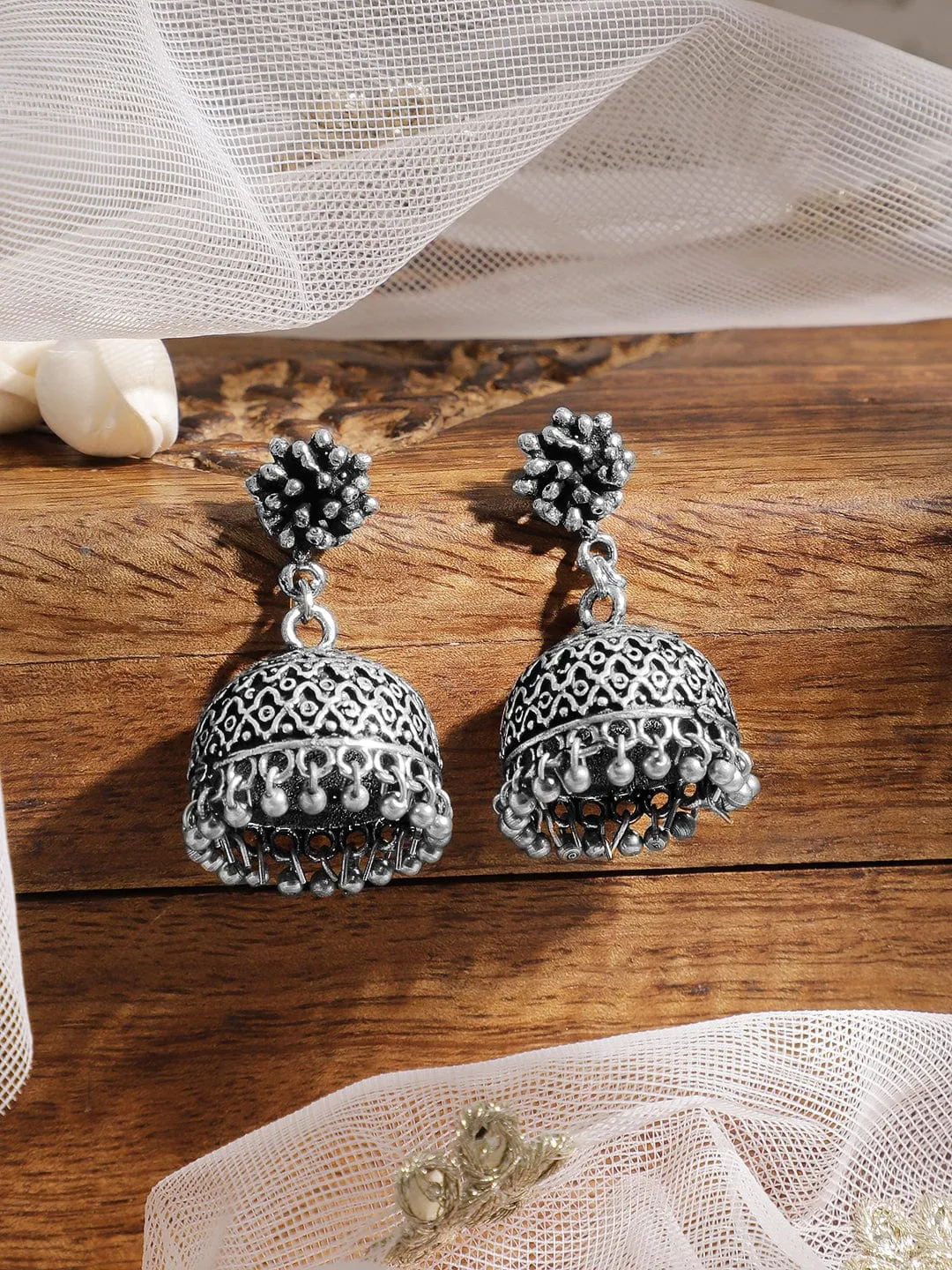 Rubans Oxidised Silver-Plated Traditional Jhumka Earrings