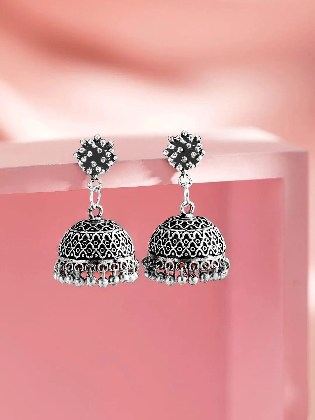 Rubans Oxidised Silver-Plated Traditional Jhumka Earrings