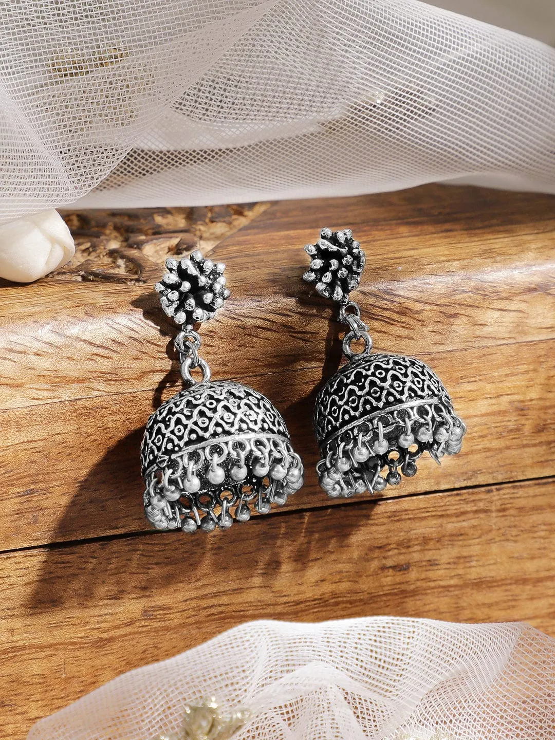 Rubans Oxidised Silver-Plated Traditional Jhumka Earrings