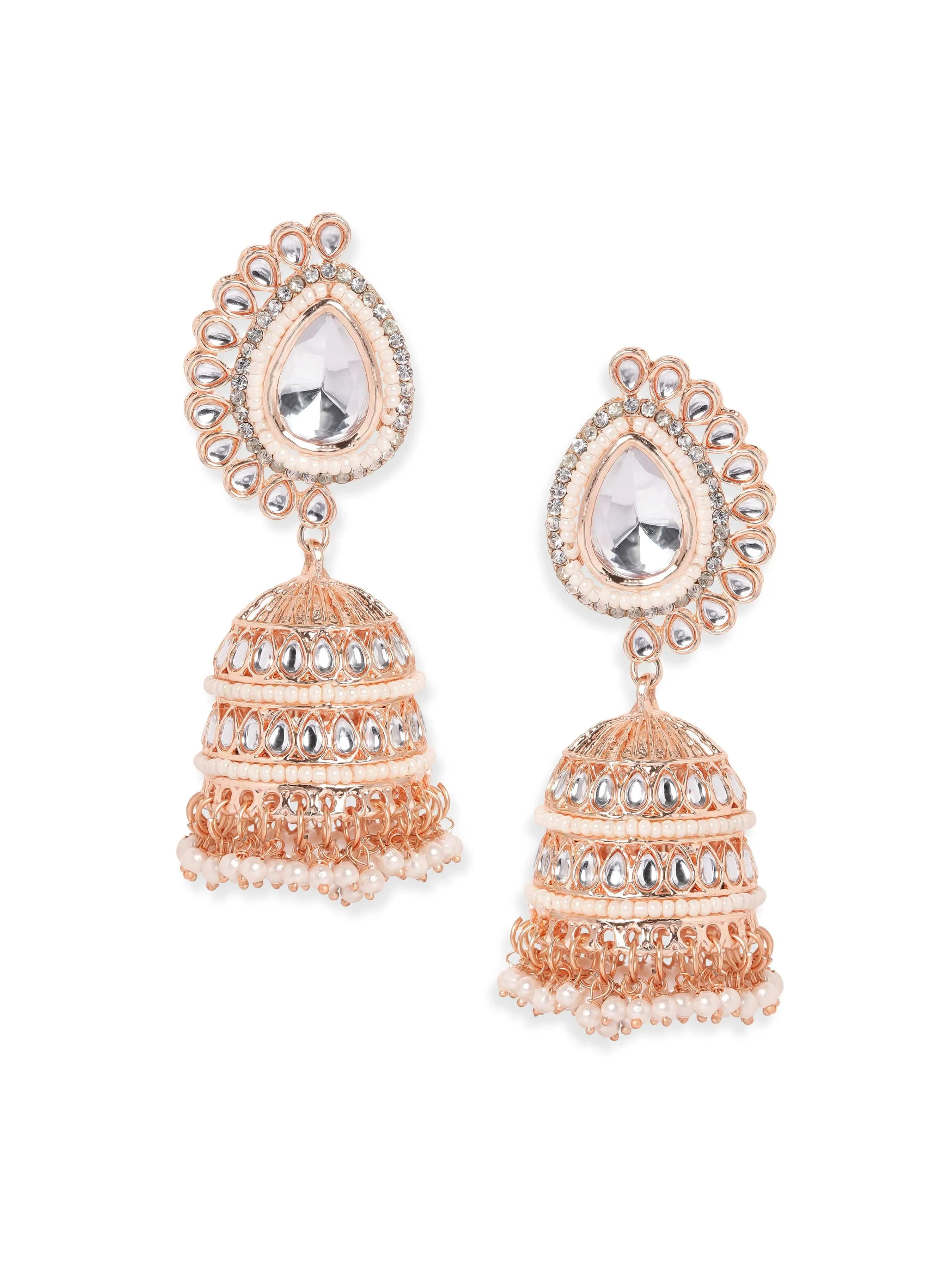 Rubans Rose gold plated kundan studded pearl beaded statment jhumka Earrings