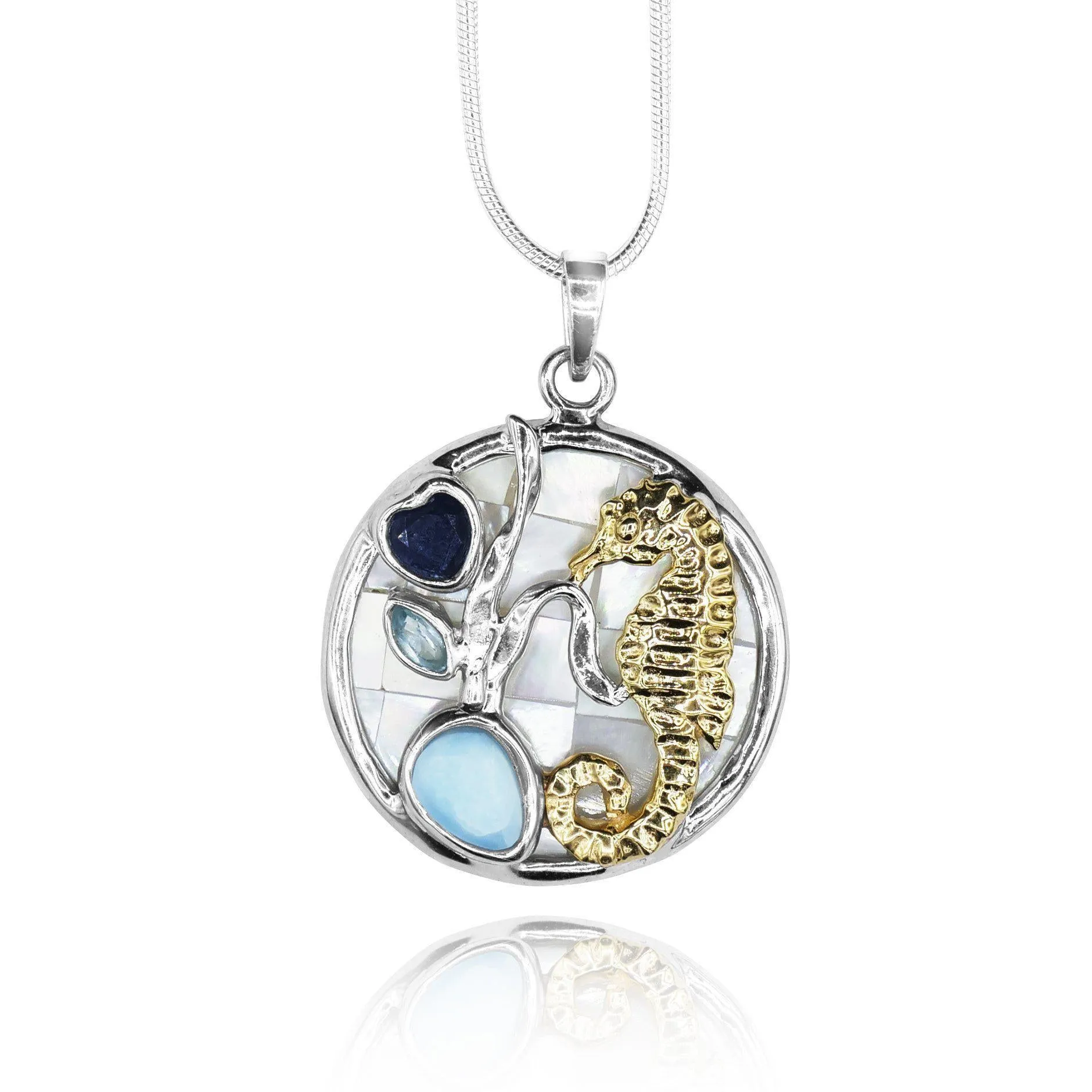 Seahorse Necklace with Larimar, Blue Topaz, Lapis Lazuli and Mother of Pearl