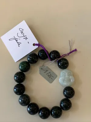 Semi Precious Jade and Onyx Stretch Bead Bracelet with a Happy Buddha