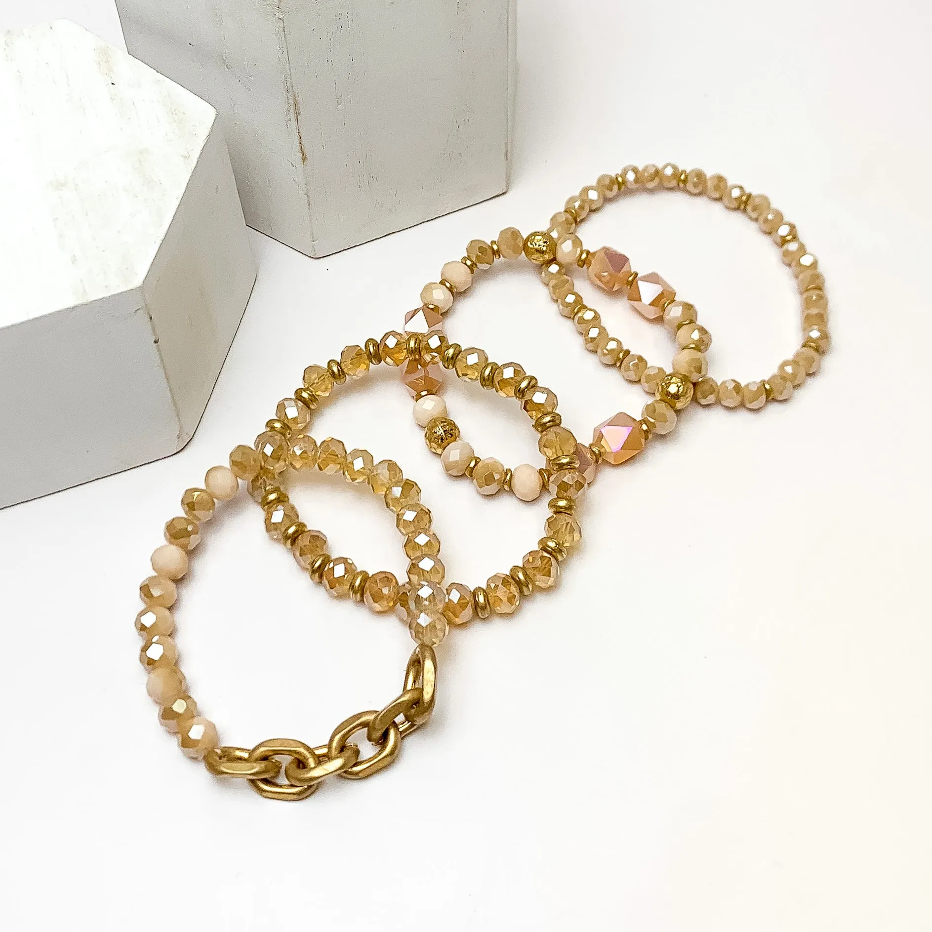 Set of Four | Upper East Gold Tone Beaded Bracelet Set in Blush Pink