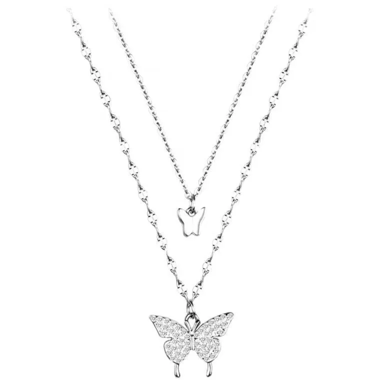 Shiny Butterfly Necklace Crystal Exquisite Double Layer Pendant