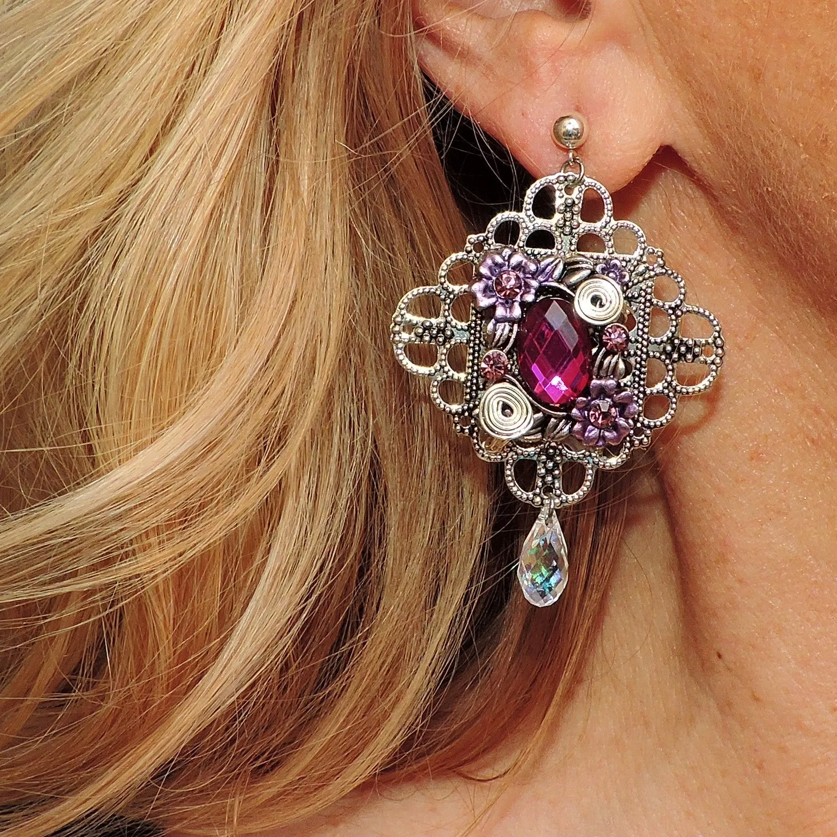 Silver Filigree with Fuchsia Stone and Swarovski Crystal Dangle Earrings