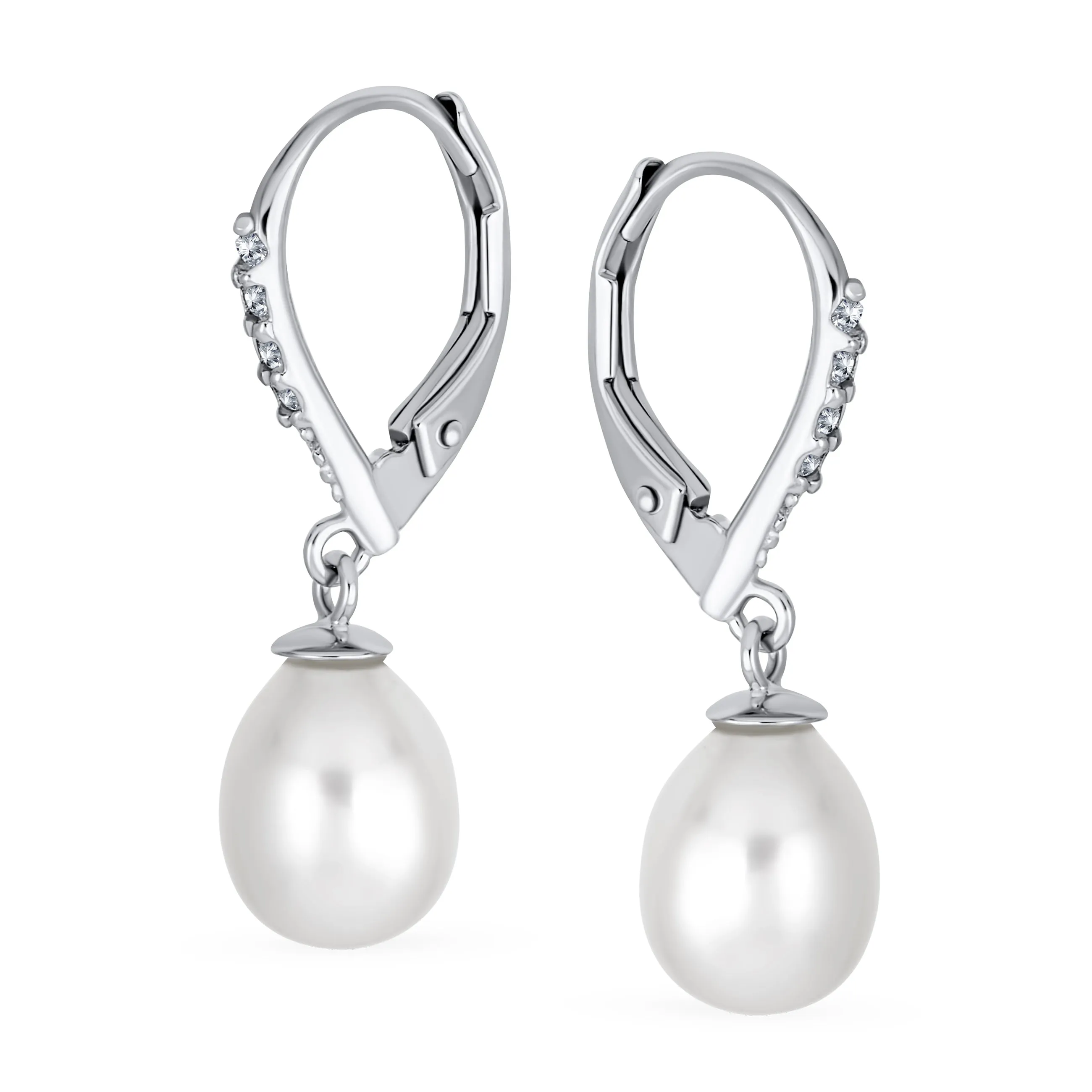 Simple Bridal CZ Pearl Teardrop Dangle Earrings Sterling Silver Leverback